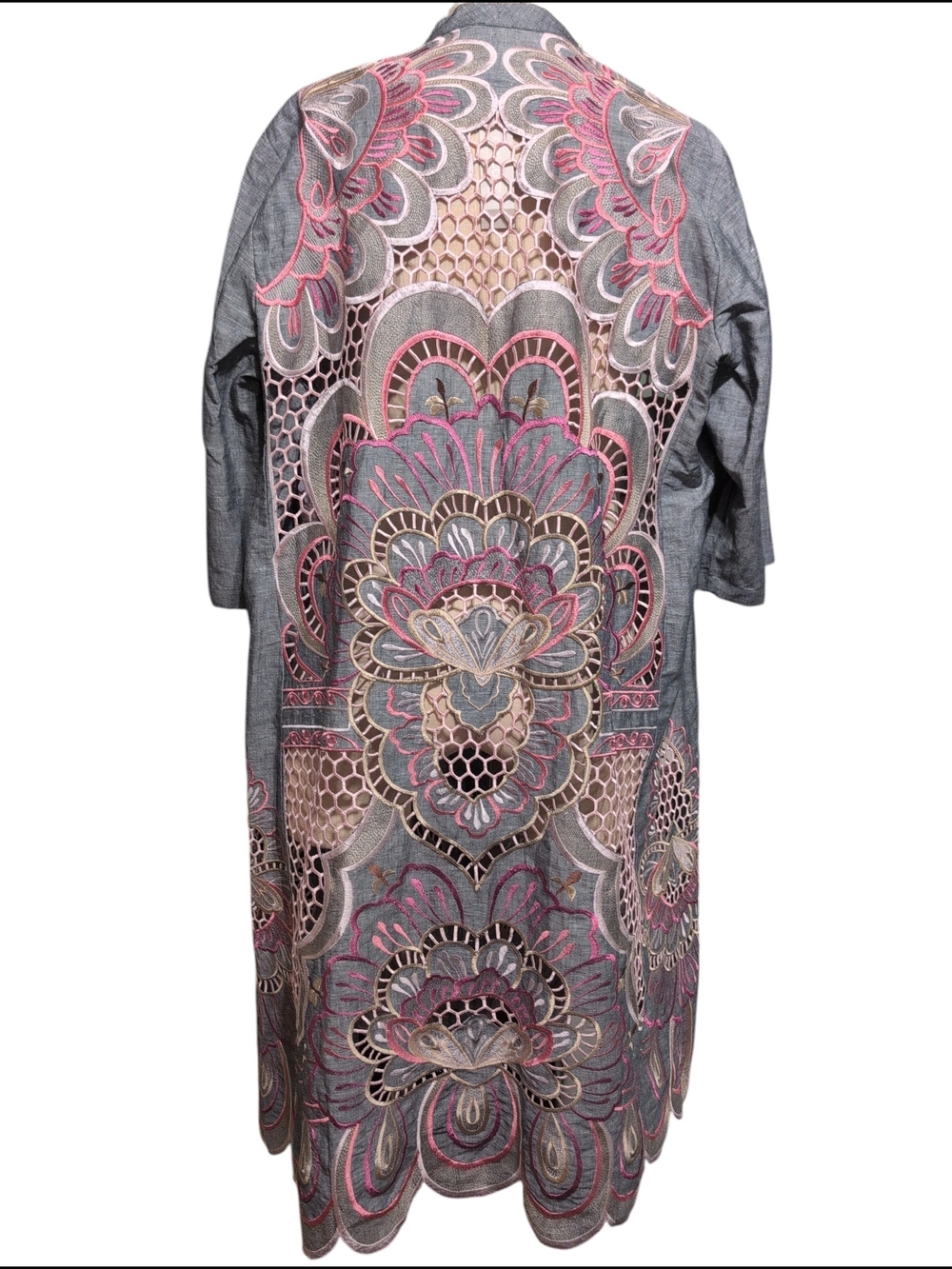 Nwt $199 Chico's Gray Embroidered Kimono with Pink Accents Travel Dress L/XL